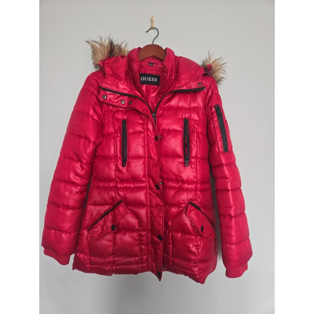 Guess Red Puffer Jacket Women Fur Hood Winter Coat Size Small
